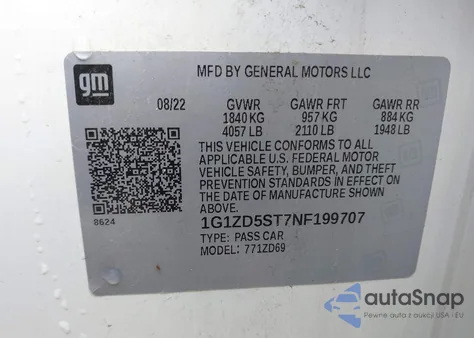 2022 Chevrolet Malibu Fwd Lt z USA, uszkodzony, nr VIN 1G1ZD5ST7NF199707